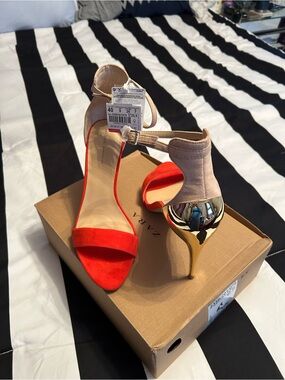 Zara Red and Beige Ankle-Strap Stiletto Sandals with Gold Heel